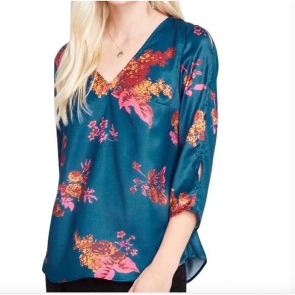 Modcloth Sincerely Yours V-neck Bright Floral Blouse Blue Women's Size Medium - Picture 1 of 14